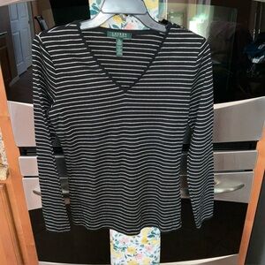 Lauren Ralph Lauren black, silver metallic Stripe pullover top Size Medium EUC
